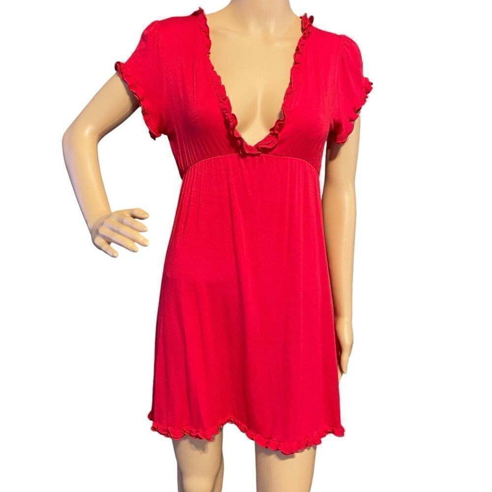 Yahada Short Sleeve Plunge Neck Mini Dress With Ruffle Detail Red Size Medium